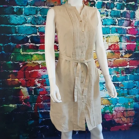 Linen Midi Dress LL Bean Sleeveless Button Down Size 4 NWOT